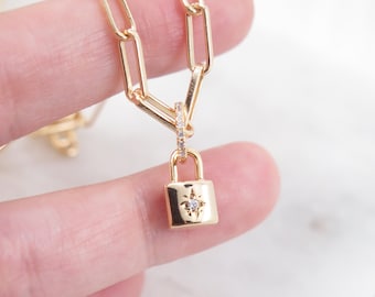 Tiny Padlock Necklace, Gold Padlock Necklace, Rectangle Chain Link, Gold Link Chain, 18K Gold Filled Necklace