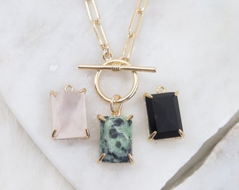 Rose Quart Necklace, Jade Necklace, Onyx, Gold Link Chain Necklace, Rectangle Link, 18k Gold Filled Chain, Layered Necklace, Paperclip Chain