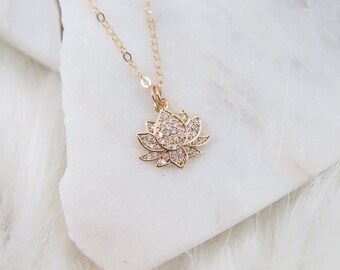 Gold Lotus Necklace, lotus flower necklace, tiny lotus necklace, namaste necklace, yoga jewelry, 14K gold filled necklace, CZ Lotus necklace