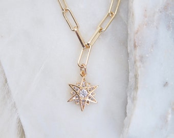 Gold Star Necklace, Gold Paperclip Necklace, Star Necklace, Gold Starburst Necklace, Tiny Star Necklace, Layering Necklace