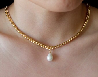 Pearl Gold Chain Necklace, 18K Gold Filled Curb Cuban Necklace, Gold Rectangle Chain, Layering Necklace, Choker Necklace, Thick Gold Chain