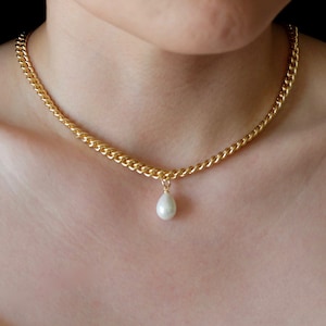 Pearl Gold Chain Necklace, 18K Gold Filled Curb Cuban Necklace, Gold Rectangle Chain, Layering Necklace, Choker Necklace, Thick Gold Chain