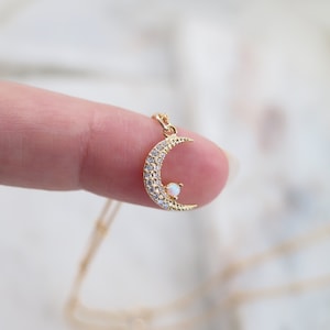 Moon Opal necklace, Tiny Moon Necklace, Gold Moon Necklace, Crescent Moon Necklace, Stacking Necklace, Dainty Necklace, Bridesmaid Gift