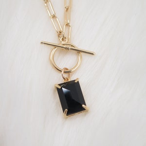 Black Onyx Necklace, Rose Quart Necklace, Gold Link Chain Necklace, Rectangle Link, 18k Gold Filled Chain, Layered Necklace, Paperclip Chain