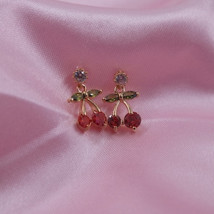 Cherry Earrings, CZ cherry charm earrings, Huggie Earrings, dainty earrings, cherry huggies, trendy earrings, Dangle Earrings