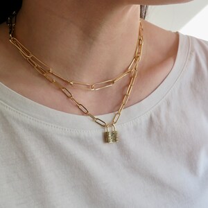Lock necklace, padlock necklace, gold necklace, paperclip chain necklace, gold filled necklace, long padlock necklace, layering necklace