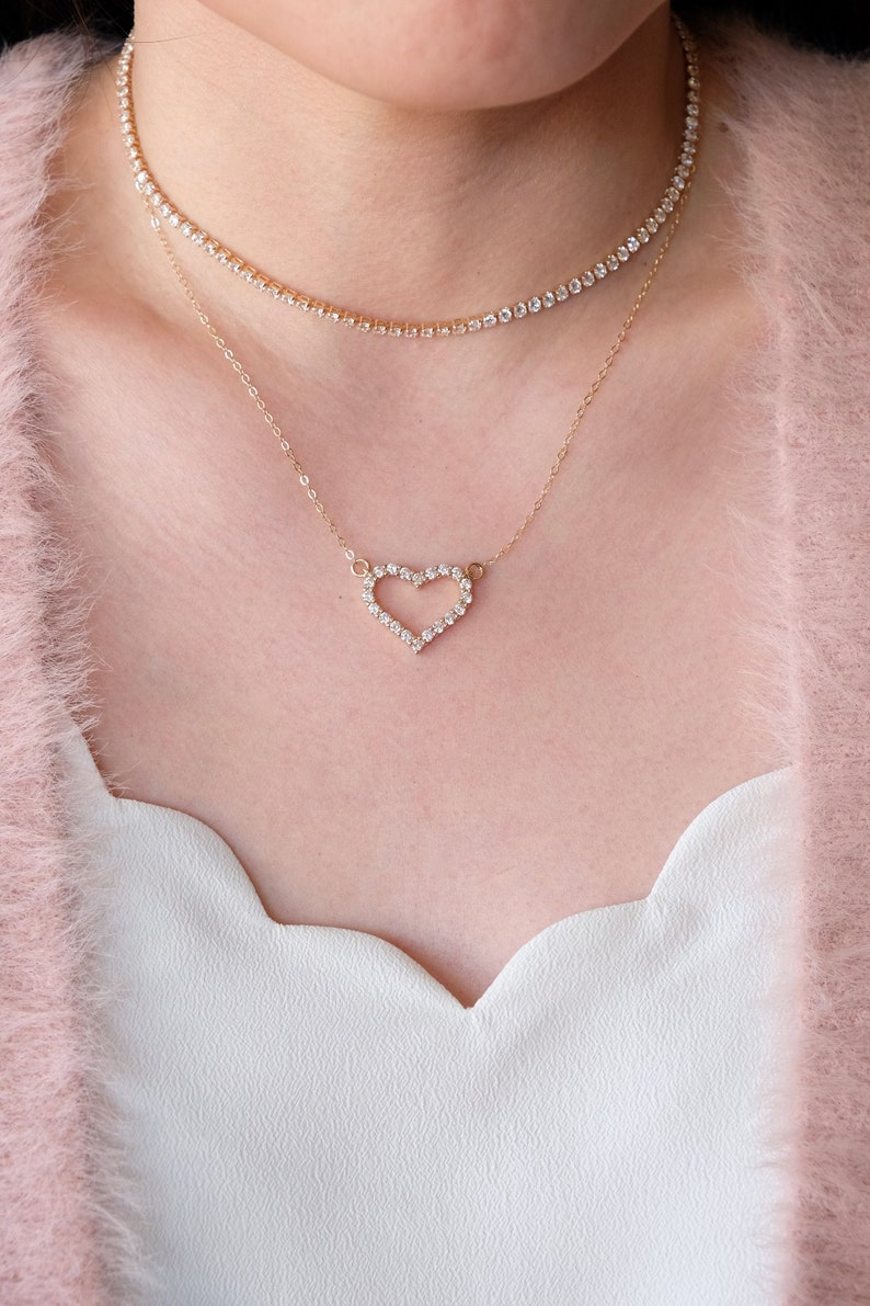 Heart CZ necklace layered necklace Valentines Gift Dainty necklace heart necklace Heart necklace gold jewelry 14K Gold Filled