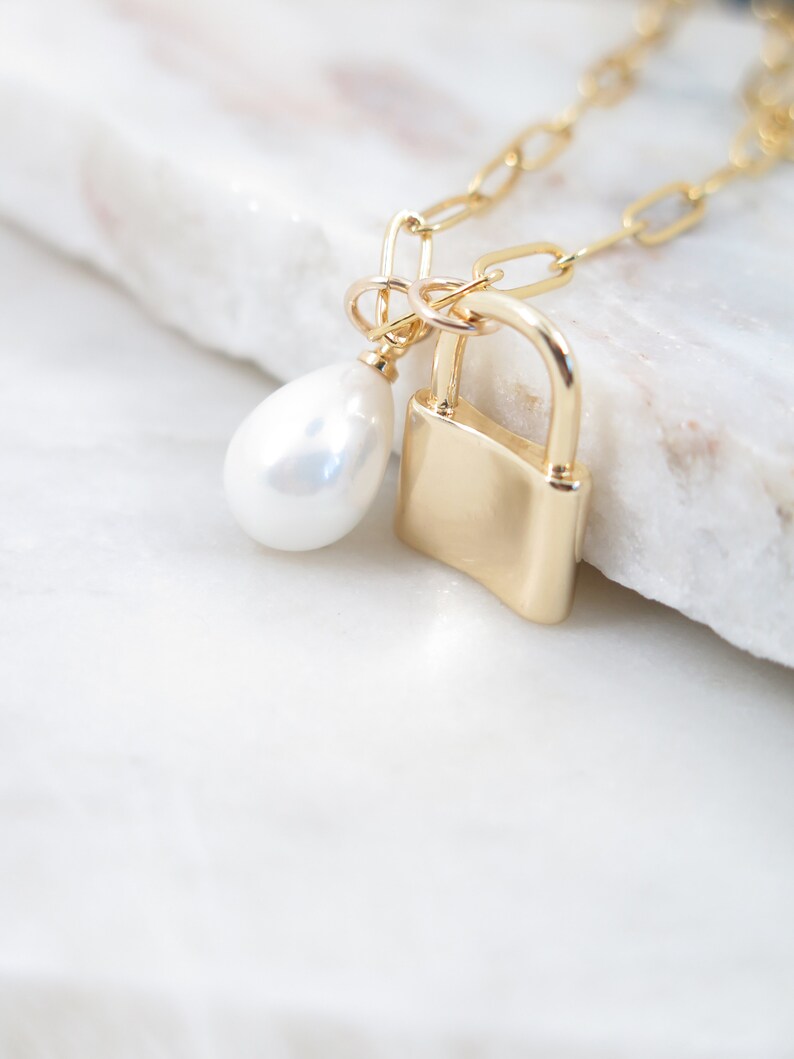 Gold Padlock Necklace Pearl Necklace 18K Gold Filled Etsy