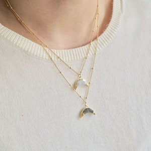 Labradorite Half Moon Necklace/Crescent Necklace/Double Horn Necklace/June Birthstone/Dainty Necklace/Gift for Her/Gemstone Pendant