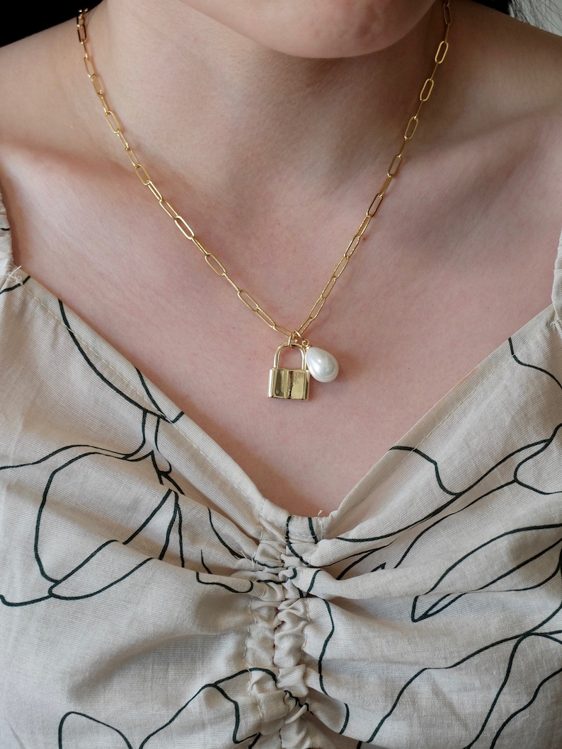 Gold Padlock Necklace Pearl Necklace 18K Gold Filled Etsy