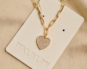 Gold Heart Necklace, Cubic Zirconia Pendant, Paperclip Chain