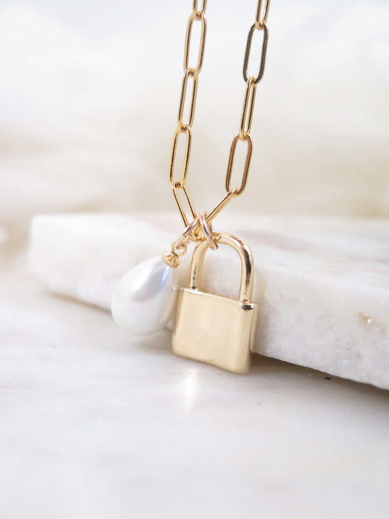 Gold Padlock Necklace Pearl Necklace 18K Gold Filled Etsy