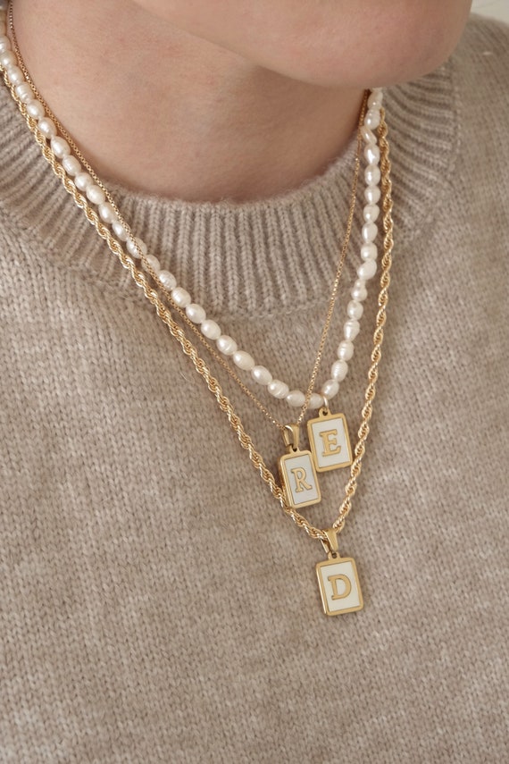 18K Gold Filled Mother of Pearl Initial Necklace, Letter Necklace, Gold Initial Necklace, Name Necklace, Custom Necklace, Layering Necklace