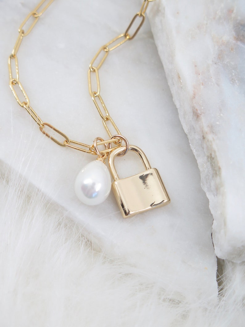 Gold Padlock Necklace Pearl Necklace 18K Gold Filled Etsy