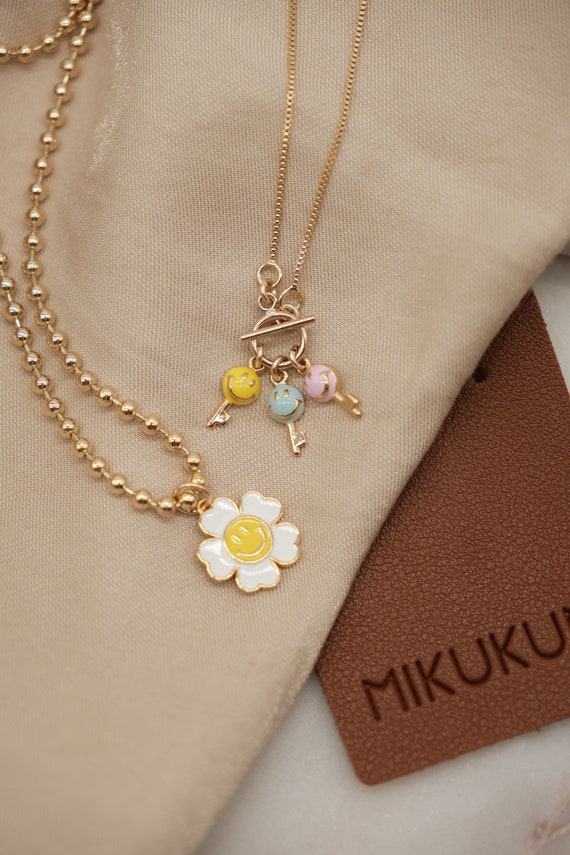 Smiley Face Necklace Flower Necklace Key Necklace 18K Gold Filled Chain Necklace Birthday Gift Cute Necklace Etsy