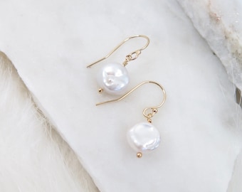 Tiny Pearl Earrings, 14K Gold Filled Earrings, Dangle earrings, Bridal shower gift, Bridesmaid gift, Bff Gift, Birthday Gift,Gift for friend