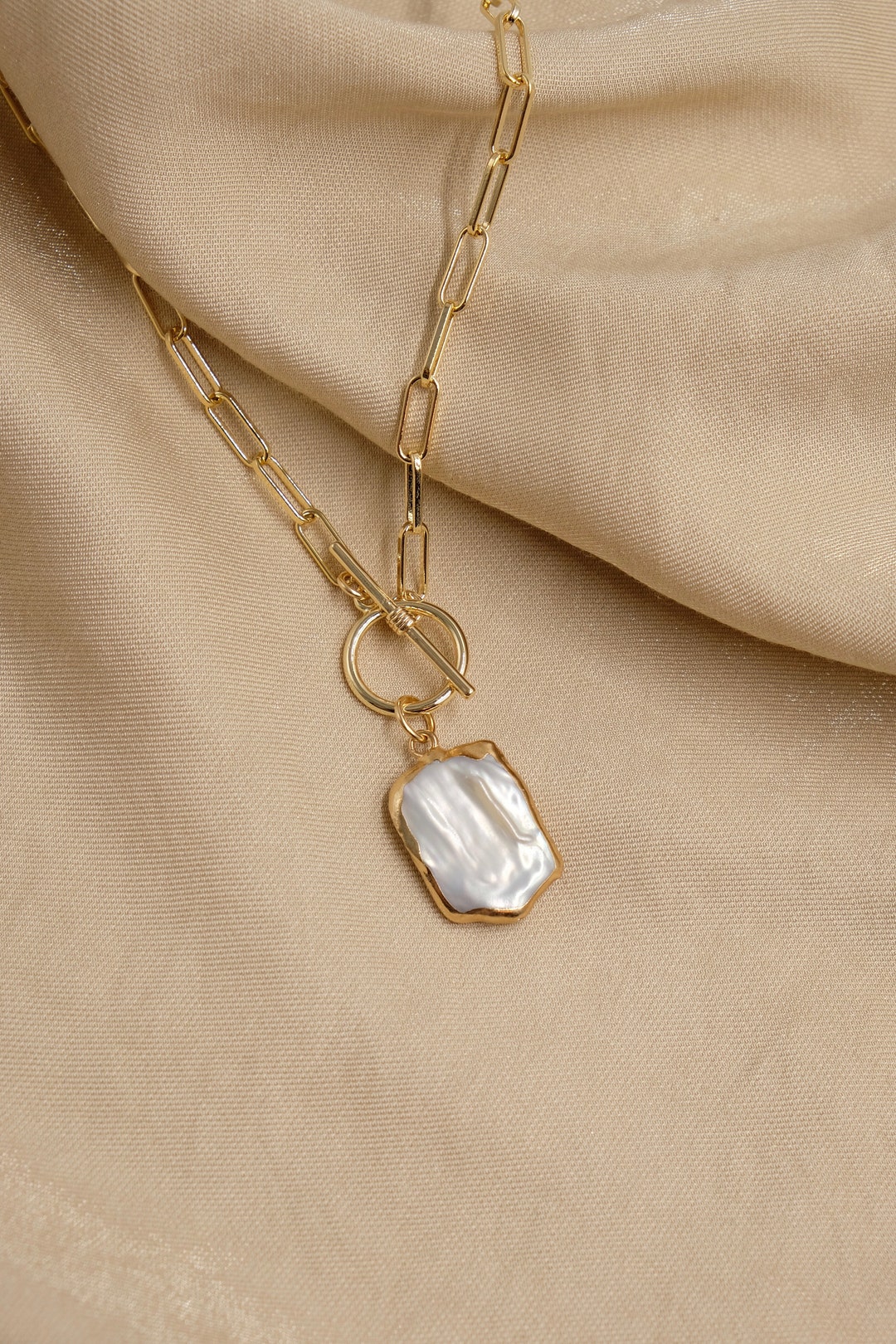 Necklace - Dainty Square Pearl Pendant (Gold) main image 0