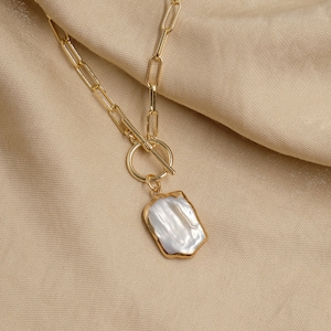 Freshwater Pearl Square necklace, Gold Pearl Necklace, 18K Gold filled necklace, Toggle necklace, birthday gift, layered necklace