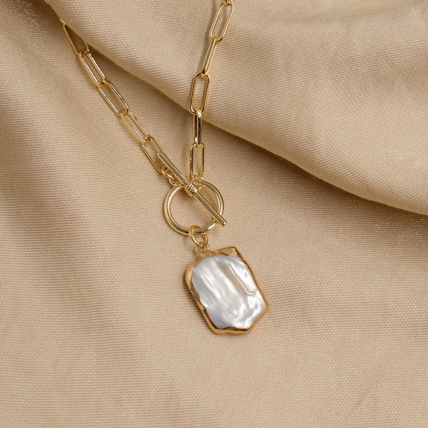 Freshwater Pearl Square necklace, Gold Pearl Necklace, 18K Gold filled necklace, Toggle necklace, birthday gift, layered necklace