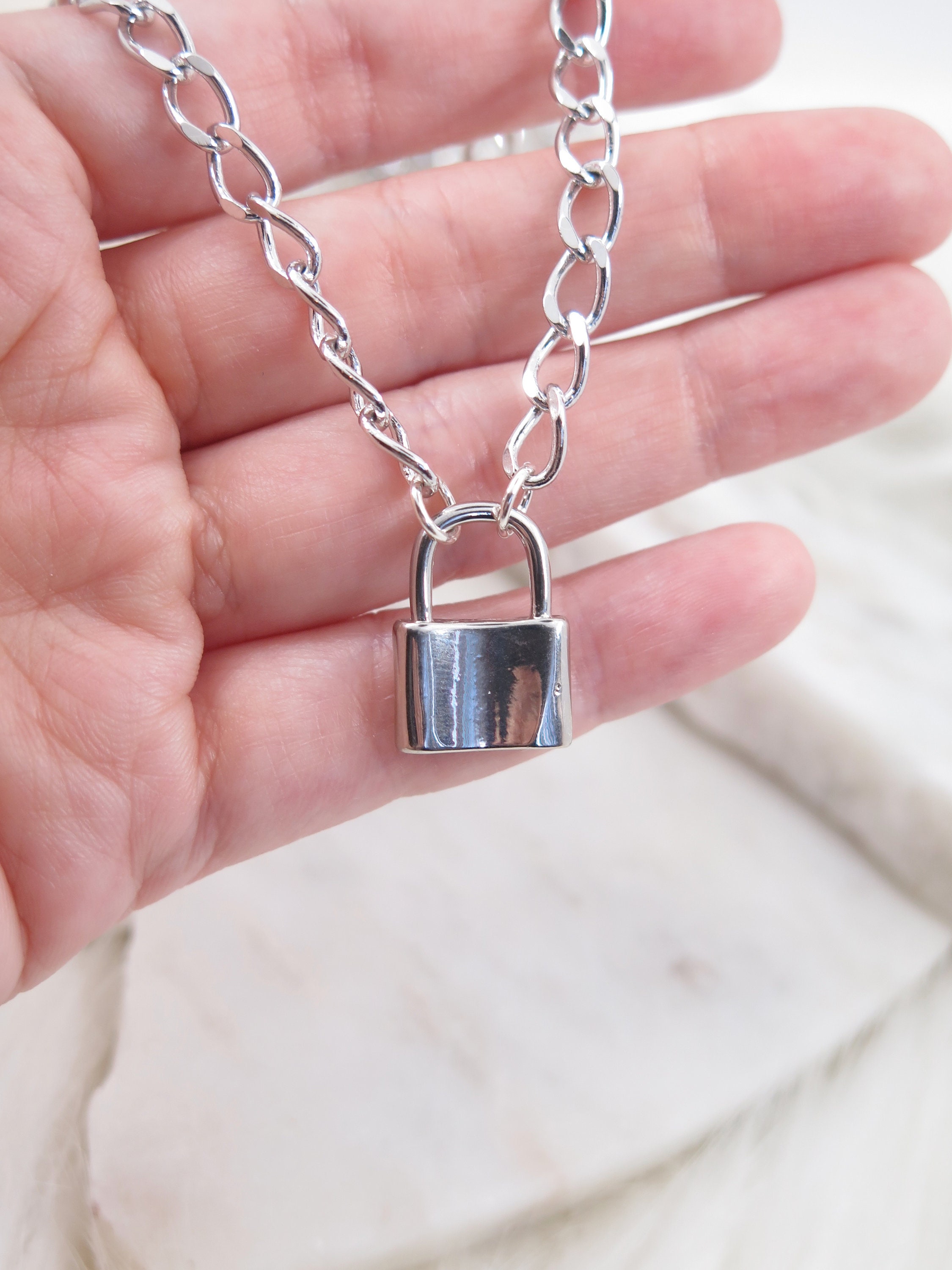 Padlock Silver Necklace Padlock Charm Rhodium Plated Etsy