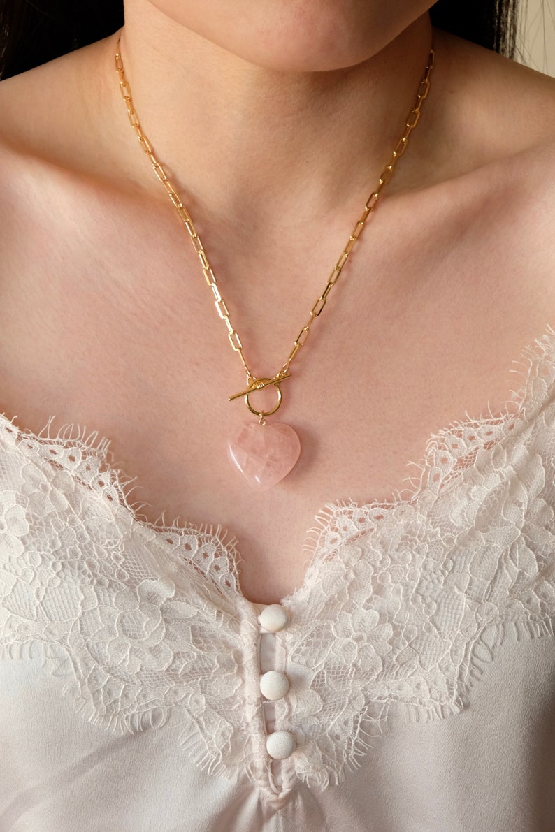 Rose Quartz Heart Necklace, Amethyst Heart Necklace, 18k Gold Filled Chain, Gold Toggle Necklace, Gold Link Chain Necklace, Paperclip Chain image 6