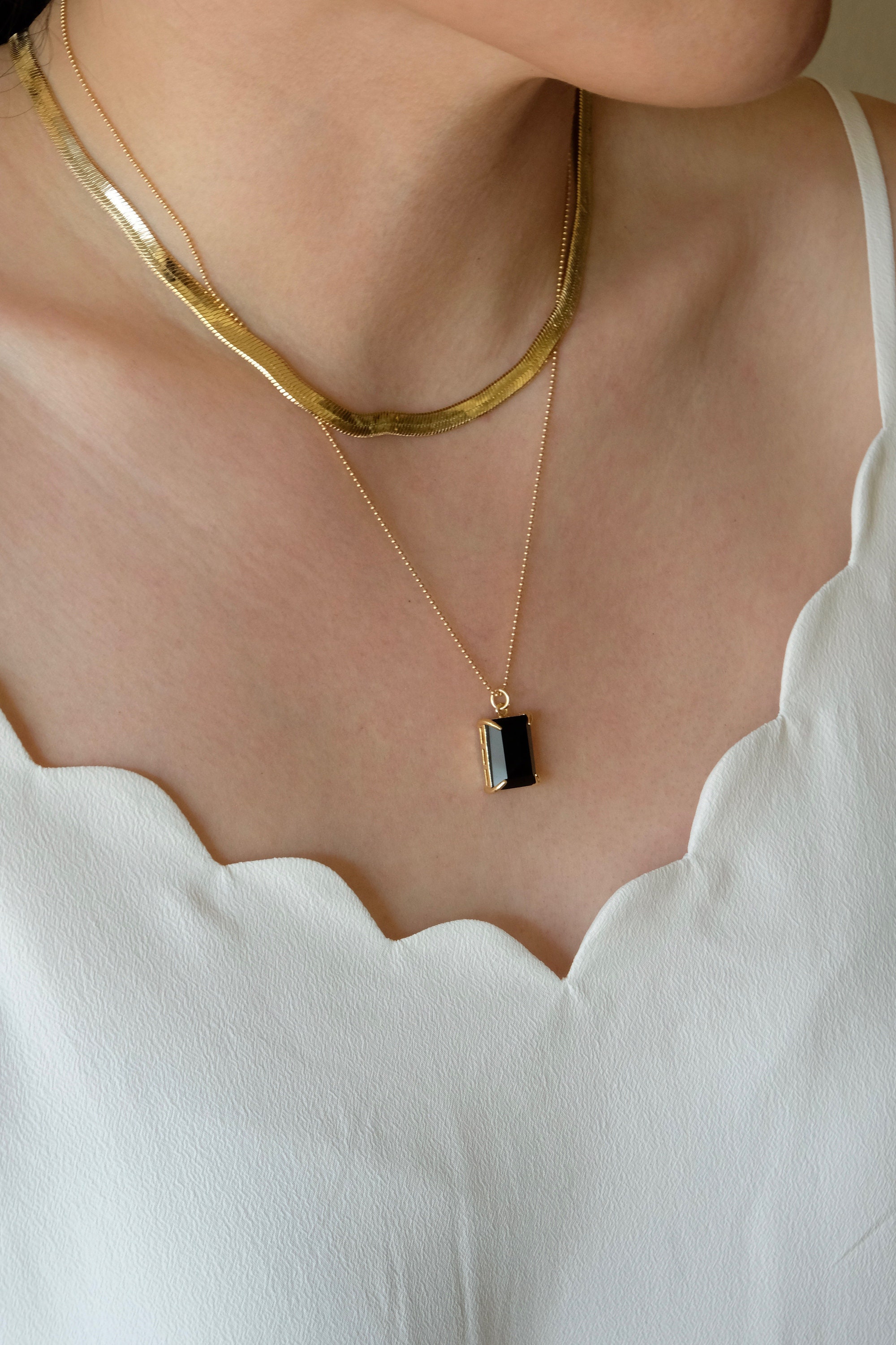 Black Onyx Necklace Set, 18k Gold Filled Chain, Herringbone