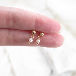 Tiny Pearl Earrings, 14K Gold Filled Earrings, Dangle earrings, Cute Earrings, Bridesmaid gift, Bff Gift, Birthday Gift,Gift for friend