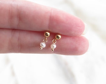 Tiny Pearl Earrings, 14K Gold Filled Earrings, Dangle earrings, Cute Earrings, Bridesmaid gift, Bff Gift, Birthday Gift,Gift for friend