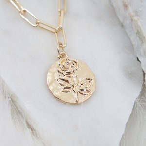 Gold Coin Rose Necklace, Coin Necklace, Gold Paperclip Chain, Layering, Stacking Necklace, Birthday Gift, Necklace for Woman,Flower Necklace
