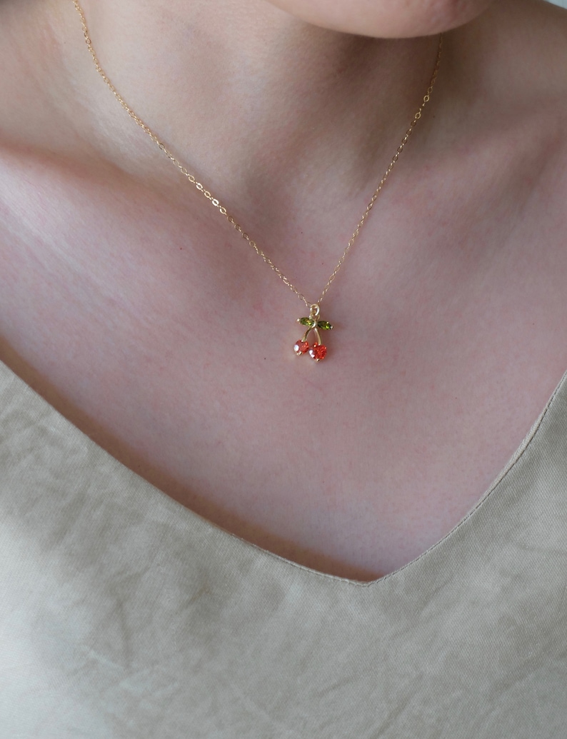 Cherry Gold Necklace, Cherry charm Necklace, best friend gift, 14K Gold Filled Chain, Gift for her, Birthday Gift, Gift for her image 6