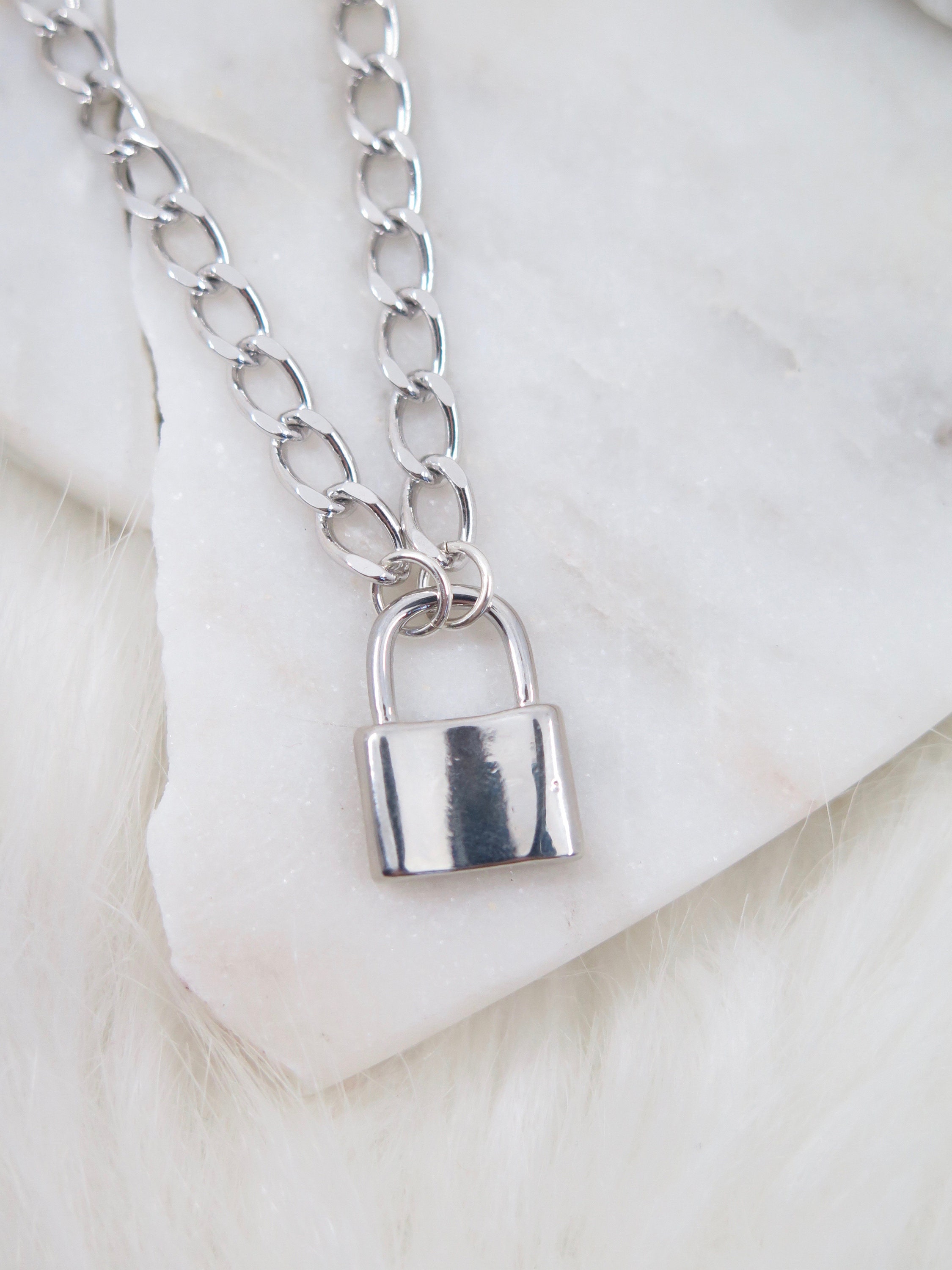 Padlock Silver Necklace Padlock Charm Rhodium Plated Etsy