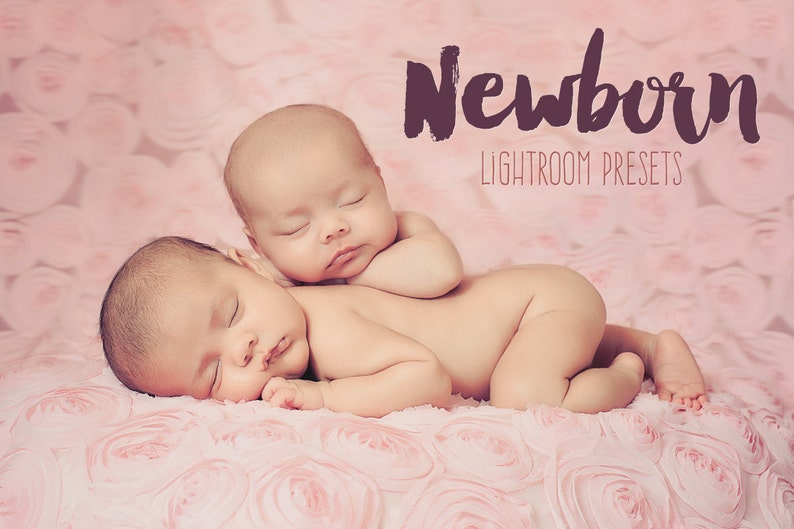 May include: Two newborn babies sleeping on a pink, rose-patterned blanket. The babies are lying next to each other, with one baby resting its head on the other's back. The text "Newborn Lightroom Presets" is written in a dark purple font above the babies.