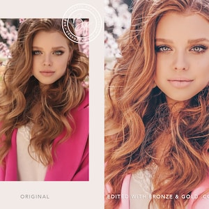 May include: A side-by-side comparison of two images of a woman with long, wavy, reddish-brown hair. The image on the left is the original, and the image on the right is edited with a bronze and gold filter. The woman is wearing a pink jacket and a white top.