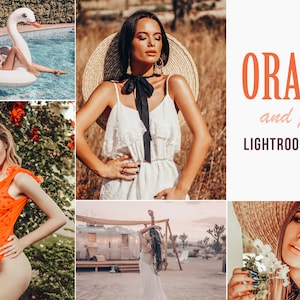 May include: A collage of photos featuring women wearing summery outfits and accessories. The photos are edited with a warm, orange and peach color palette. The text "ORANGE and peach LIGHTROOM PRESETS" is displayed on a white background.