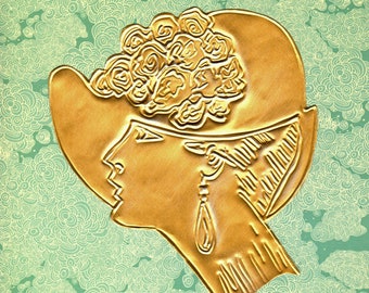 Handmade Embossed Metal 1920s flapper fashion Art Gold Goldtone Aluminum shiny portrait cameo hat flowers clouds blue