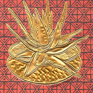 Handmade Embossed Metal Succulent Art Gold Goldtone Aluminum Aloe Vera Cactus Plant Potted Southwestern Red Black