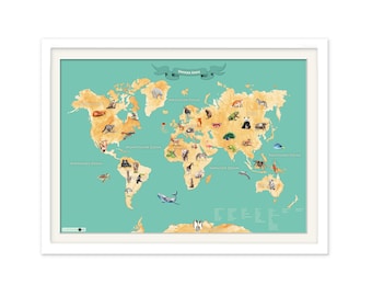 Weltkarte Kinder, Weltkarte Tiere, Tier-Weltkarte, Kinderweltkarte, Landkarte