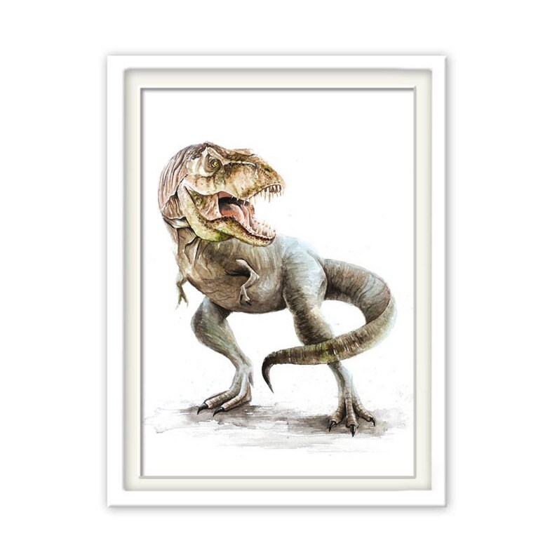 May include: Watercolor painting of a Tyrannosaurus Rex dinosaur with a green, brown, and gray color scheme. The dinosaur is depicted with its mouth open, showing its teeth, and its tail curled behind it.