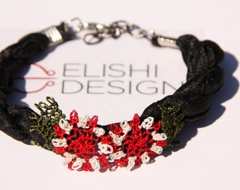 Flower Bracelet Crochet Bracelet Needlework Bracelet Needle Point Red Flower Bracelet