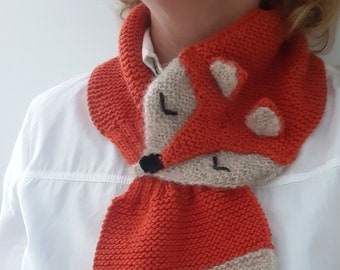 Teen/adult merino wool Fox scarf, Fall fashion. Hand knit winter keyhole scarf in pink, burnt orange, dark gray. Fun Neck warmer