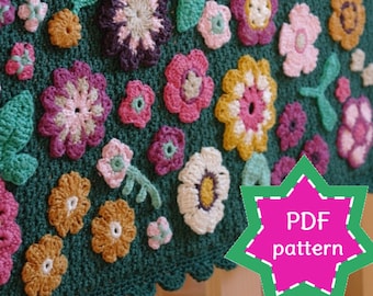 Crochet baby blanket PATTERN Field of Flowers - Instant download instructions both US and UK crochet terms. Floral afghan for newborn