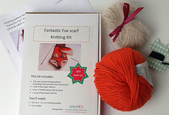 KNITTING KIT Kids Winter Scarf Fox. Knitting Pattern Including