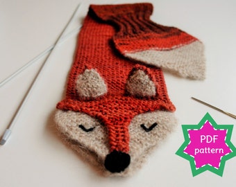 KNITTING PATTERN fox keyhole scarf (child and adult sizes) PDF pattern for kid's winter scarf Fantastic Fox - fun, cute and cuddly scarf.
