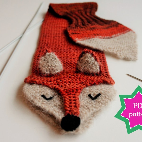 KNITTING PATTERN fox keyhole scarf (child and adult sizes) PDF pattern for kid's winter scarf Fantastic Fox - fun, cute and cuddly scarf.