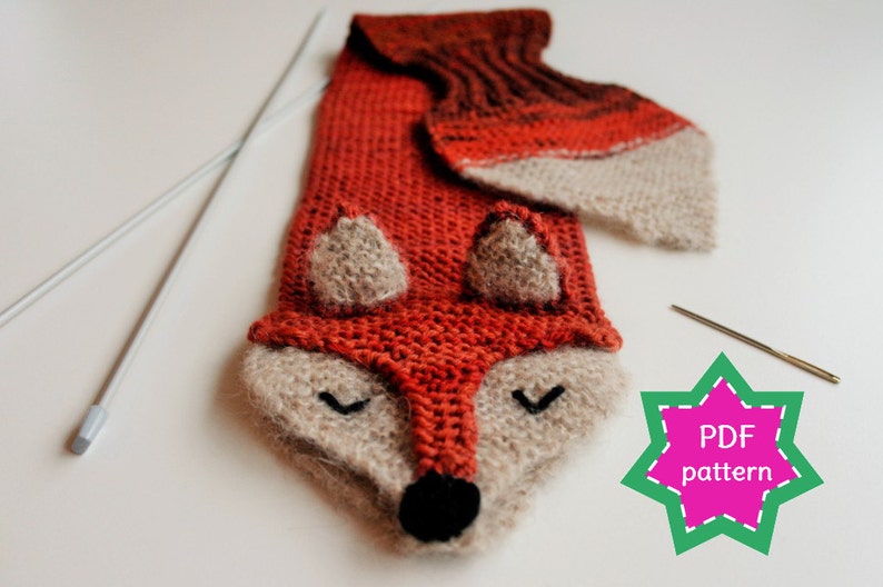 KNITTING PATTERN fox keyhole scarf child and adult sizes PDF pattern for kid's winter scarf Fantastic Fox fun, cute and cuddly scarf. image 1