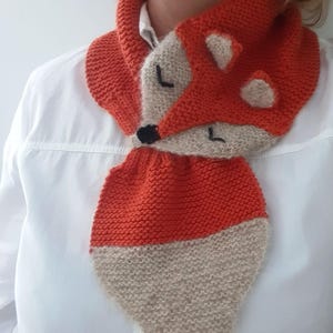 Teen/adult merino wool Fox scarf, Fall fashion. Hand knit winter keyhole scarf in pink, burnt orange, dark gray. Fun Neck warmer