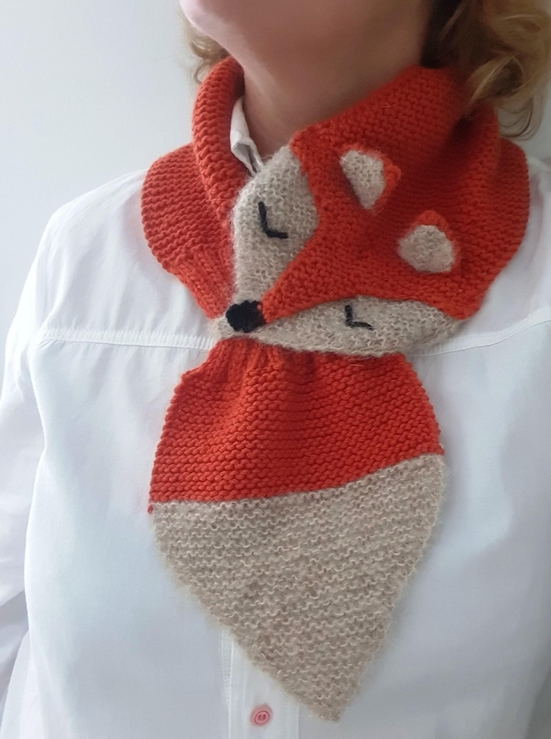Teen/adult merino wool Fox scarf, Fall fashion. Hand knit winter keyhole scarf in pink, burnt orange, dark gray. Fun Neck warmer image 1