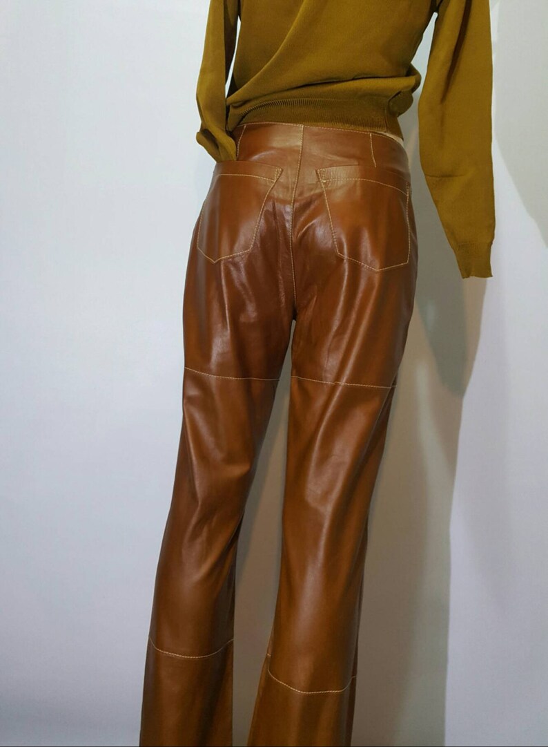 F Gallotti leather long pants italian manufacture real artigianal work vintage medium high waist back pocket beautiful contrast stiches