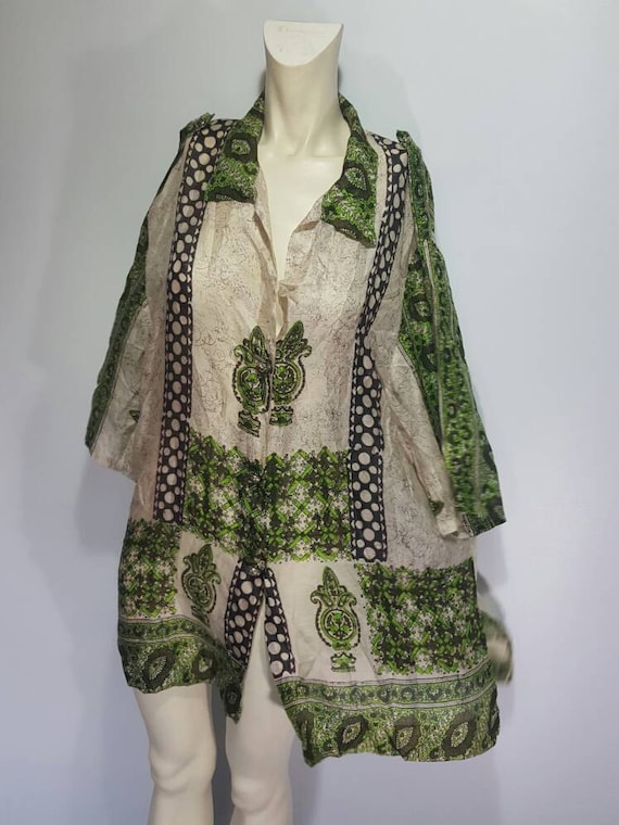 Rare hand printed silk blouse hand sewn unique 50… - image 1
