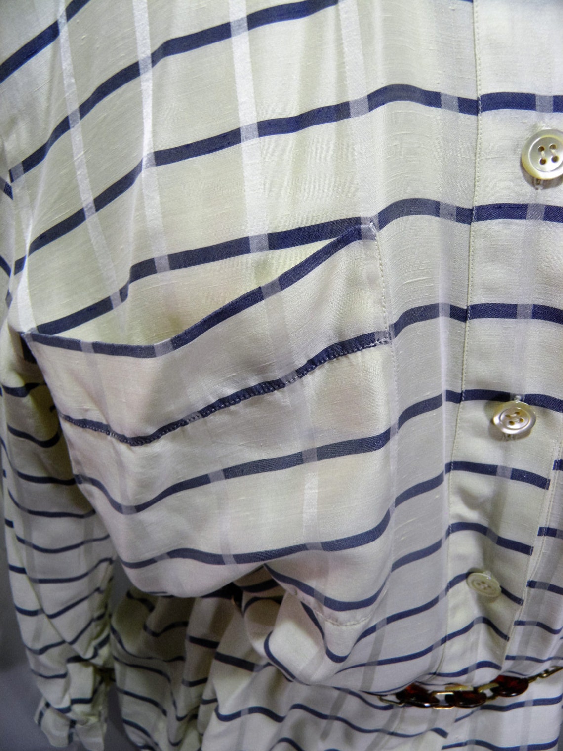 blouse by Kiki Faccioli made in itali silk shirt from 60. white and blue stripes vintage  rare top eco silk unique boutique production pearl, photo 2 of 5